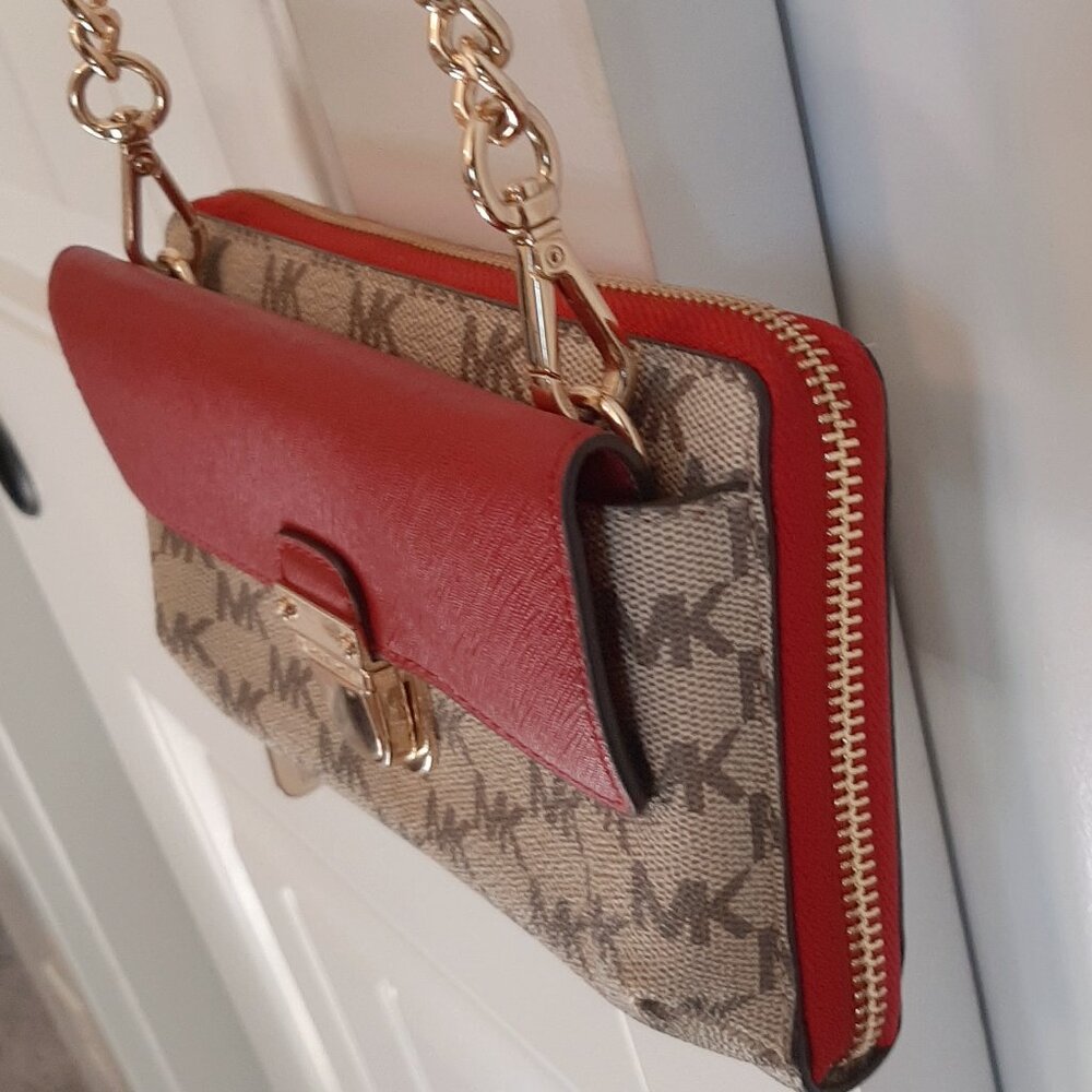 Michael Kors Bridgette Red & Tan MK Logo Print Wallet on Crossbody Strap - Picture 5 of 14